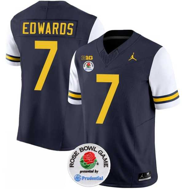 Men's Michigan Wolverines #7 Donovan Edwards 2023 F.U.S.E. Navy White Rose Bowl Patch Stitched Jersey Dzhi